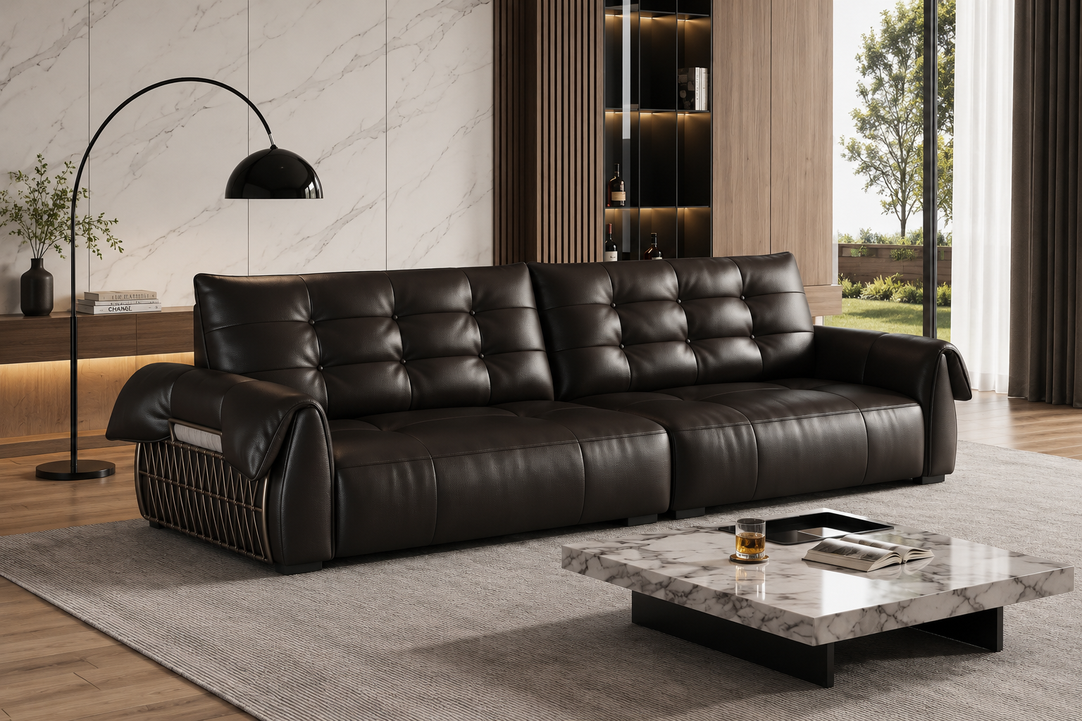 Onyx deep-tufted sofa styled in a refined contemporary living room