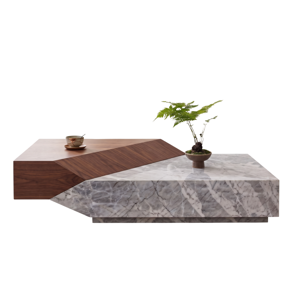 Front view of the Plinthstone rectangular coffee table with walnut base
