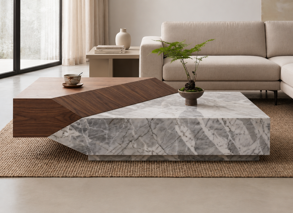 Plinthstone natural stone coffee table styled in a refined modern living room