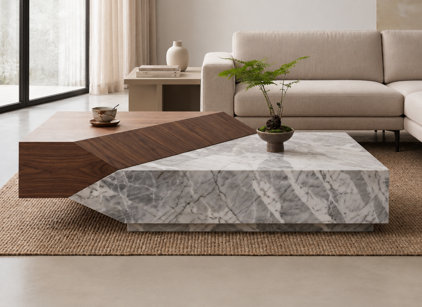 Plinthstone natural stone coffee table styled in a refined modern living room