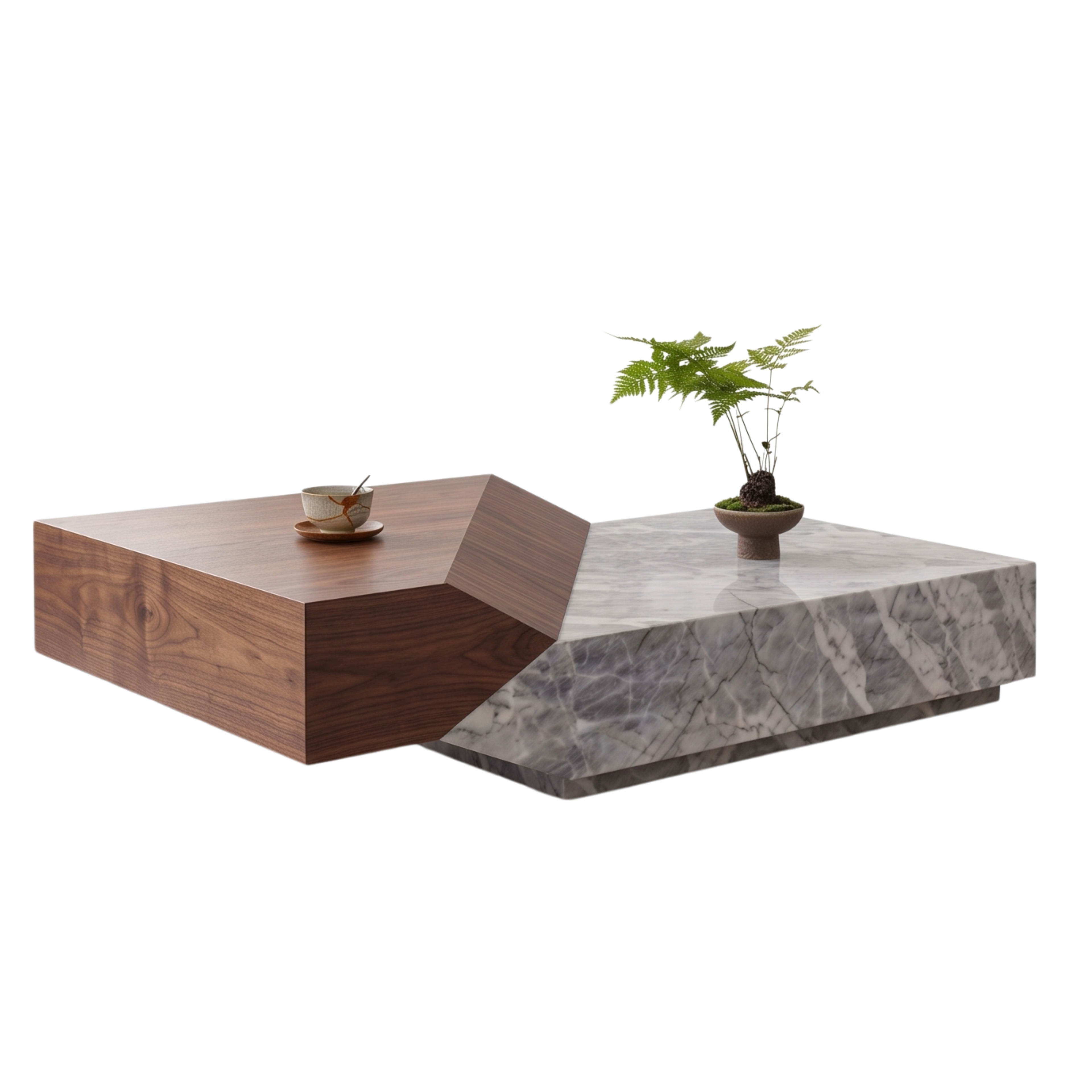 Left view of the Plinthstone natural stone coffee table and matte walnut base