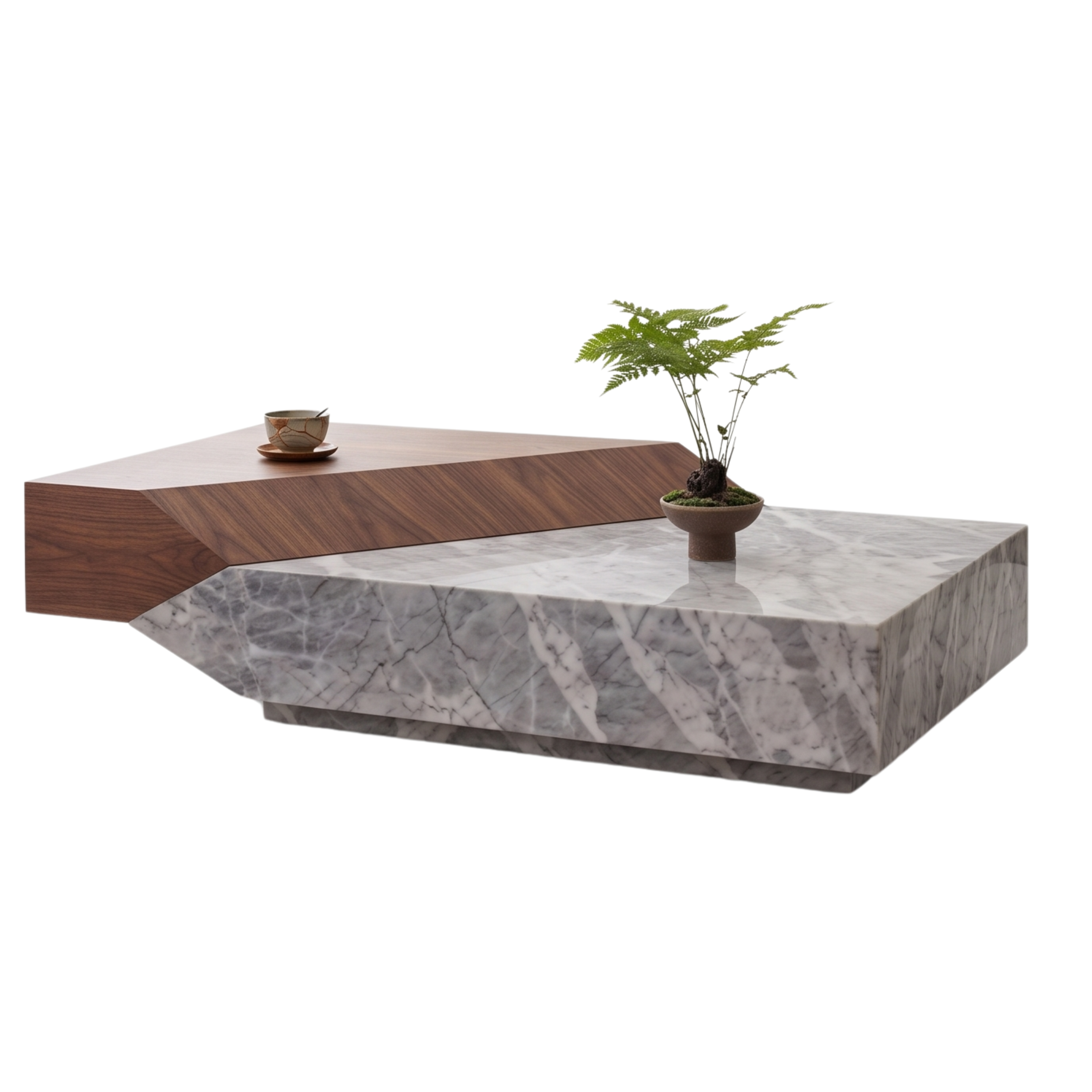 Right view of the Plinthstone natural stone coffee table and matte walnut base