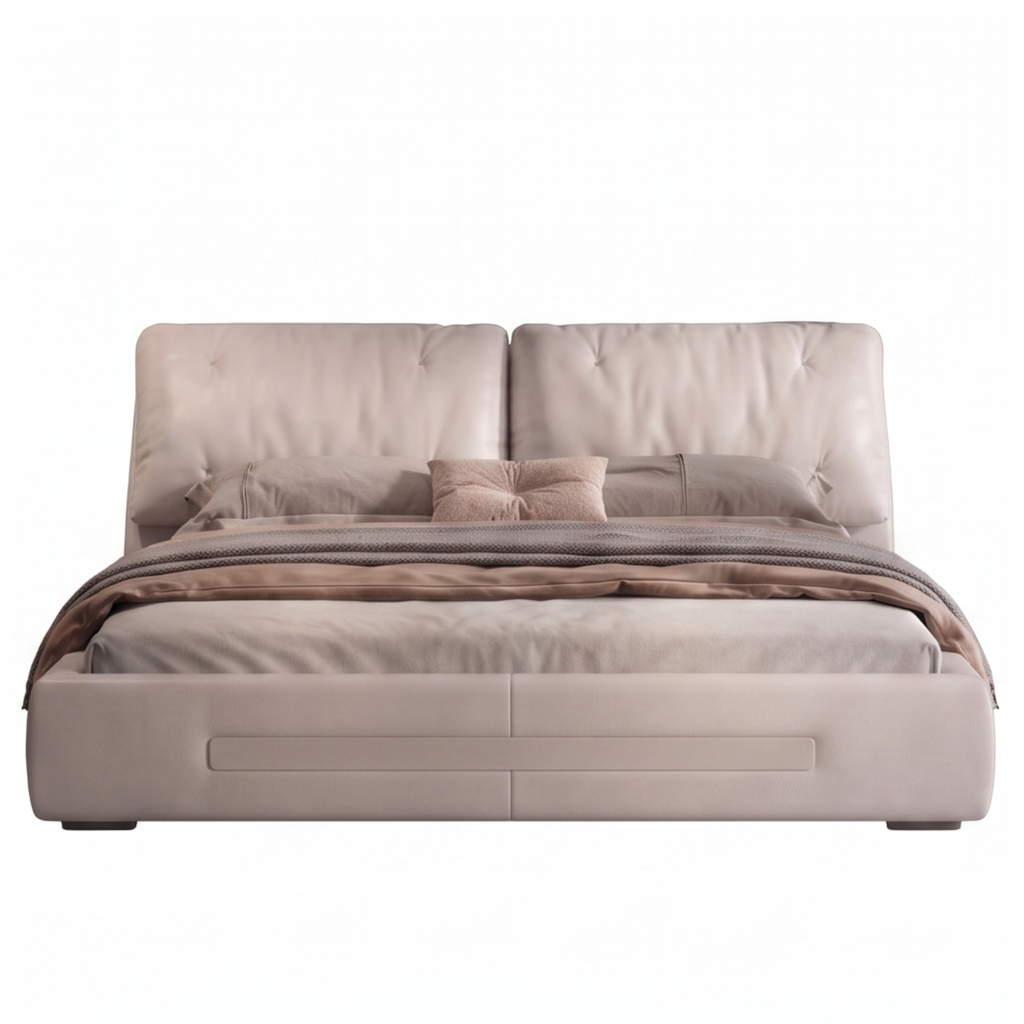 Front view of the Pura pillow-panel bed with padded footboard