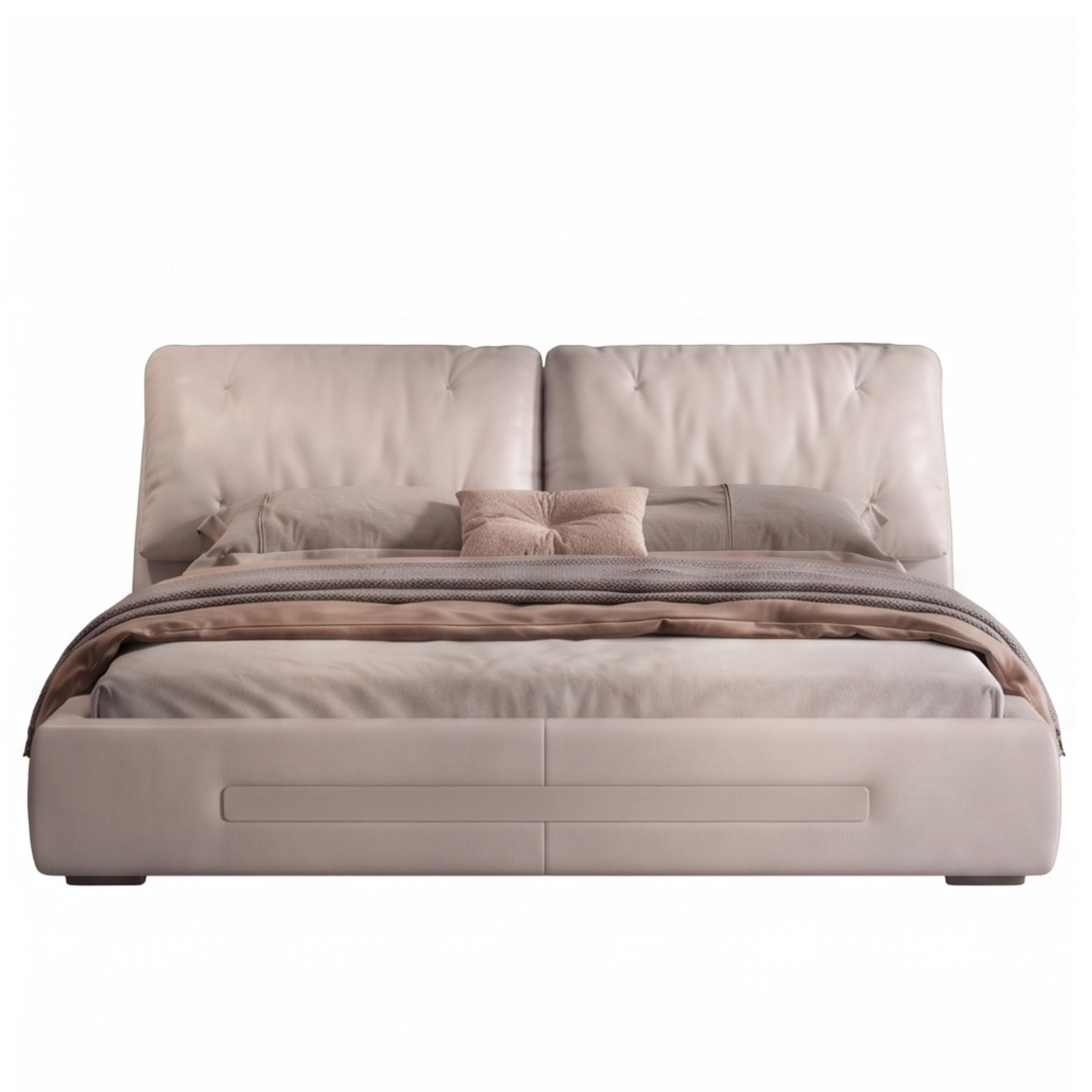 Front view of the Pura pillow-panel bed with padded footboard