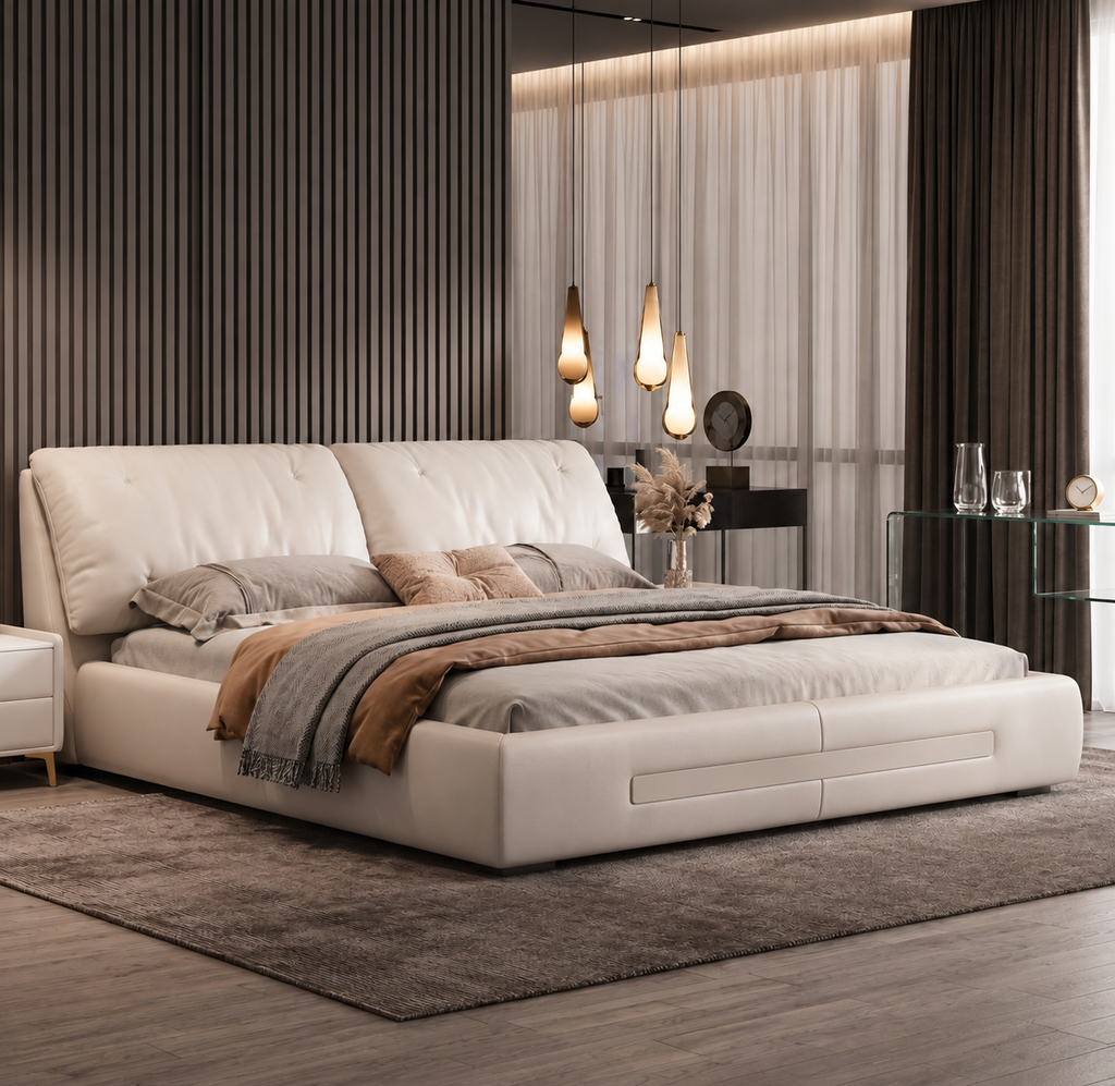 Pura pillow-panel upholstered bed styled in a refined modern bedroom