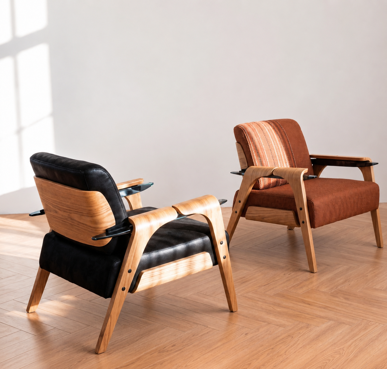 Reedwood mid-century lounge chairs styled in a bright modern interior