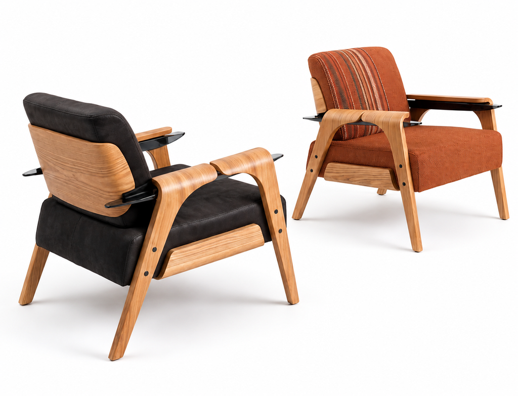Angled view of the Reedwood upholstered lounge chair with exposed wood frame