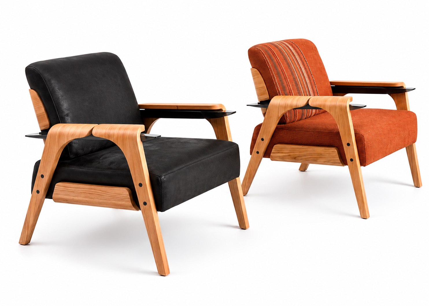 Exposed wooden armrest and upholstered back detail of the Reedwood chair