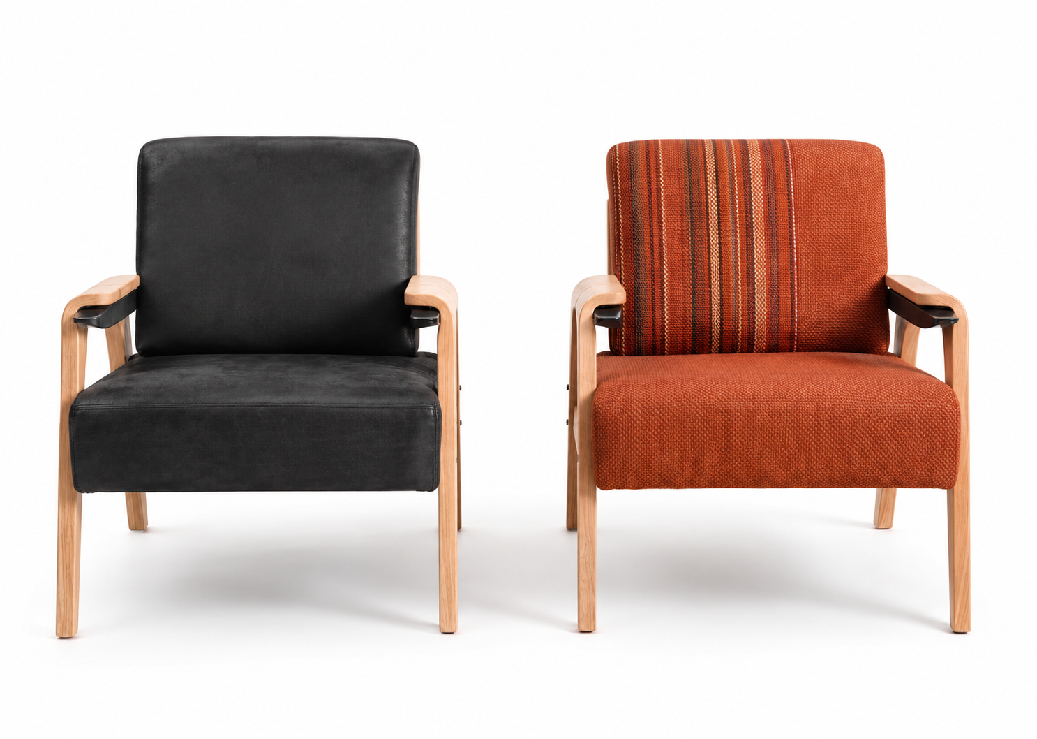 Front view of the Reedwood wood-frame lounge chair in black and tan upholstery