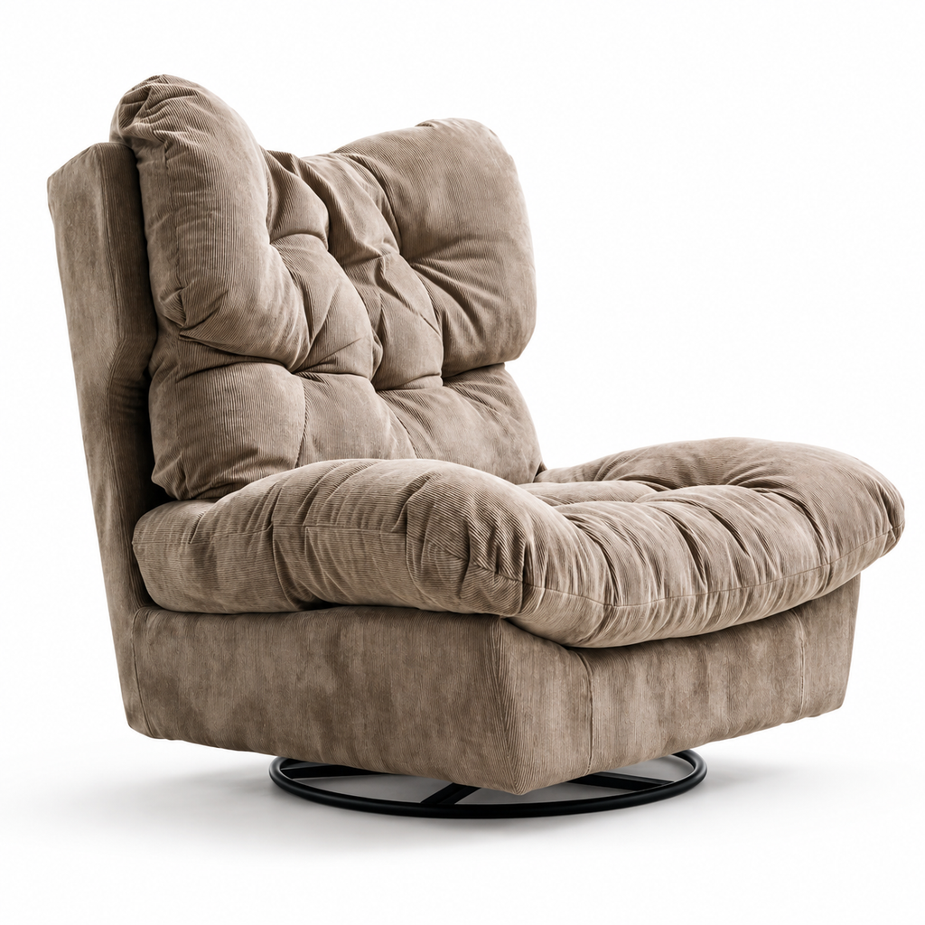 Left view of the Restla tufted chair with concealed swivel base