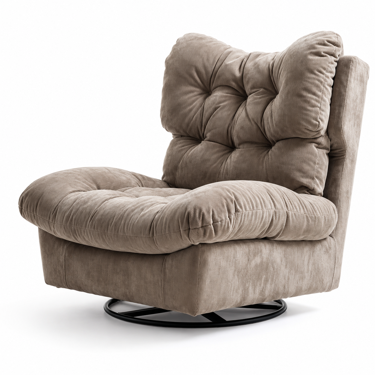 Right view of the Restla tufted chair with concealed swivel base