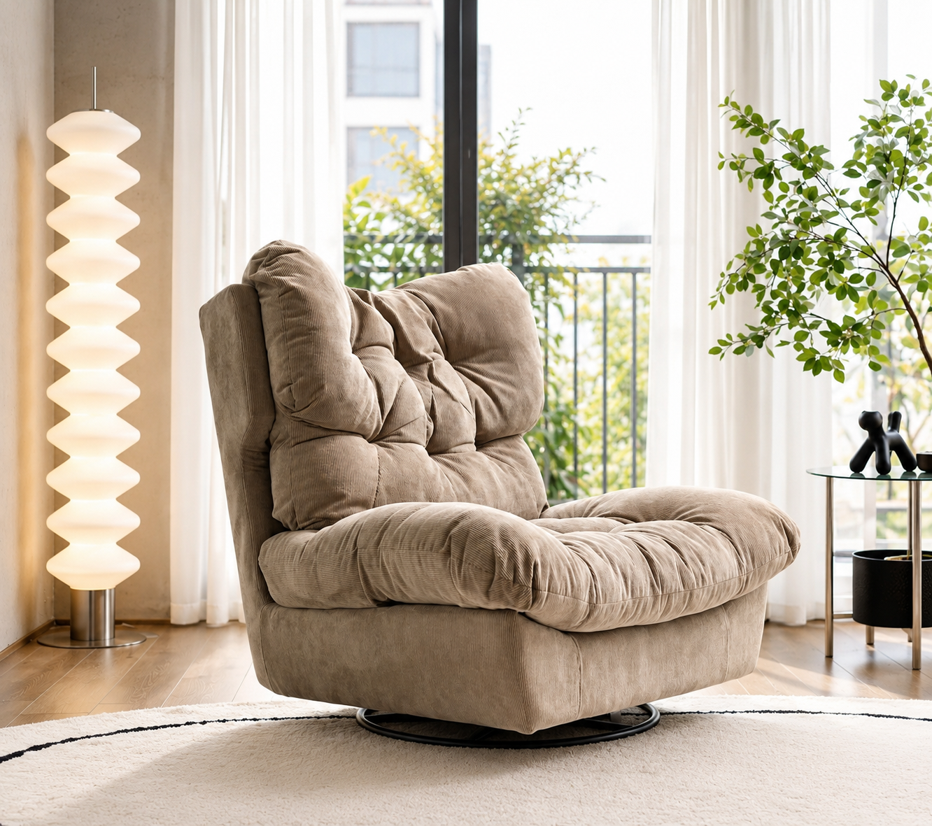 Restla tufted swivel lounge chair styled in a bright modern living room