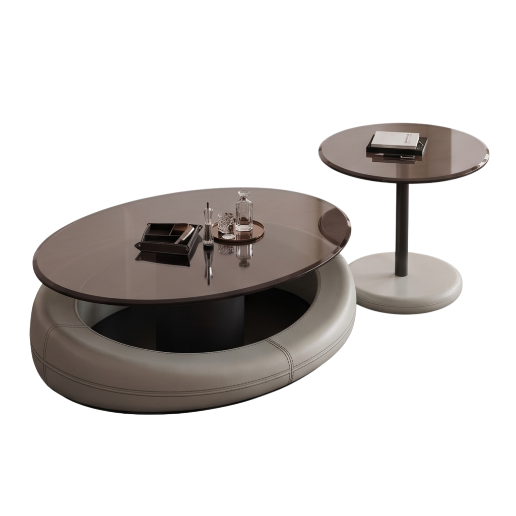 Angled view of the Revora glass coffee tables with sculptural fiberglass bases