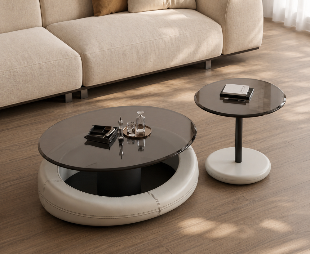 Revora rotating coffee table set styled in a modern living room