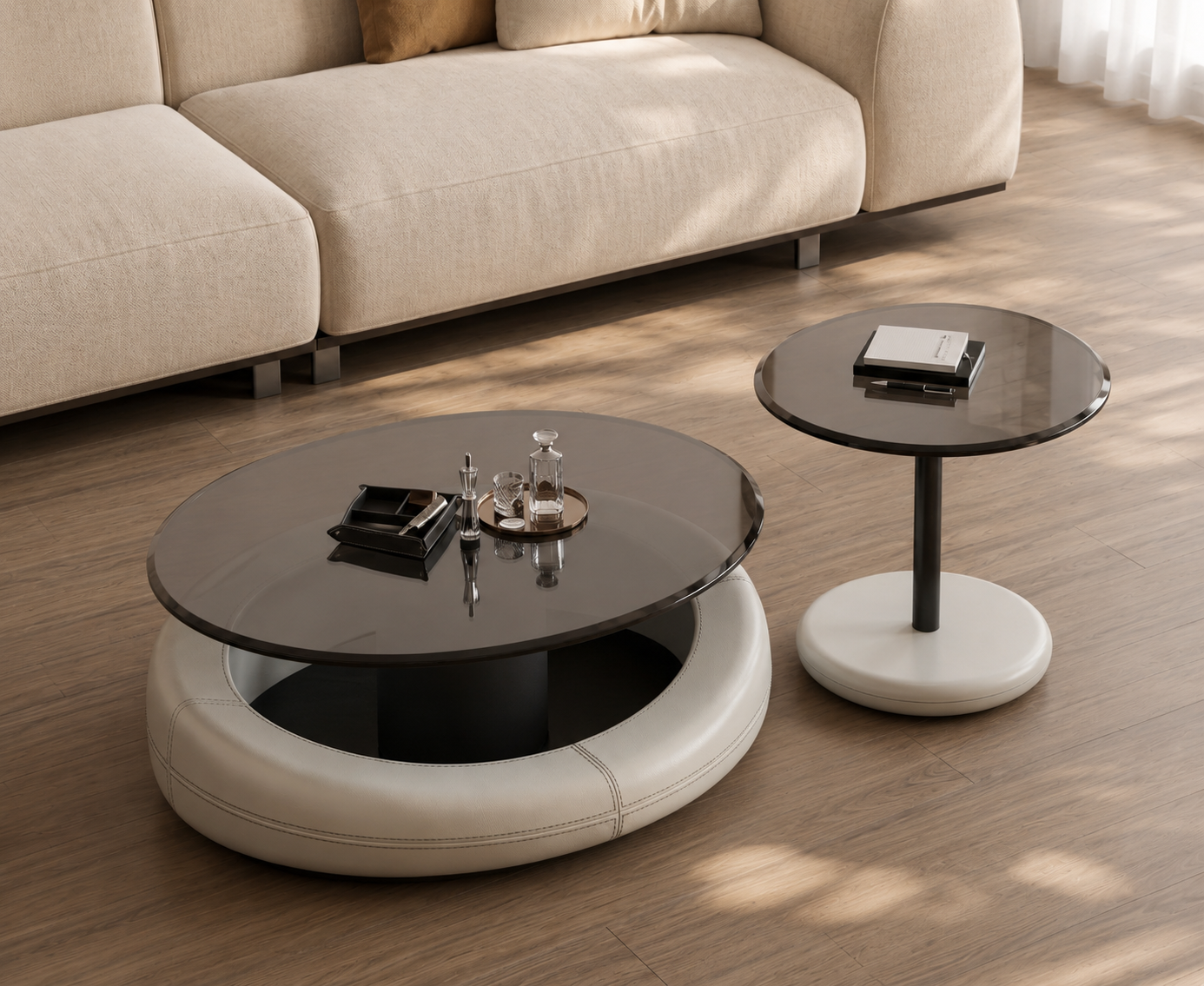 Revora rotating coffee table set styled in a modern living room