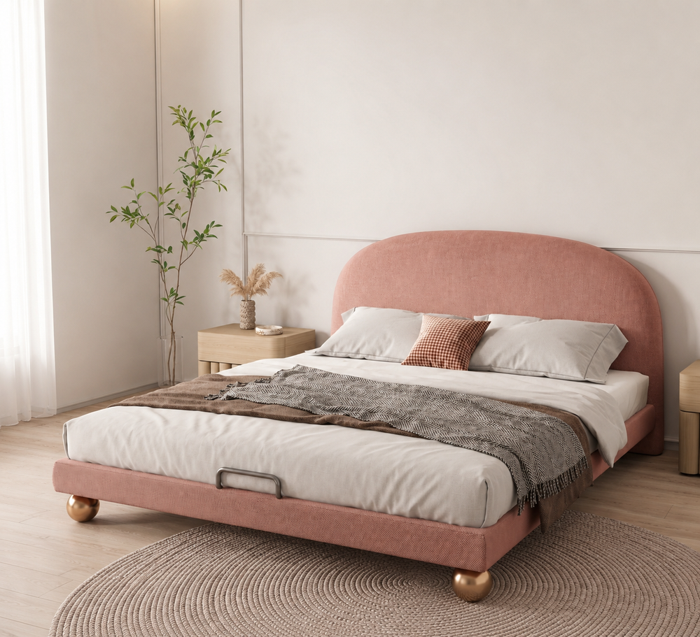 Rosova dusty rose upholstered bed styled in a calm modern bedroom