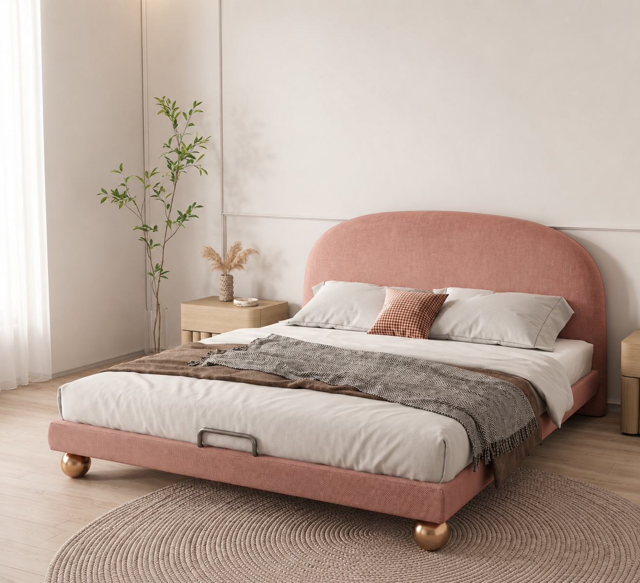 Rosova dusty rose upholstered bed styled in a calm modern bedroom