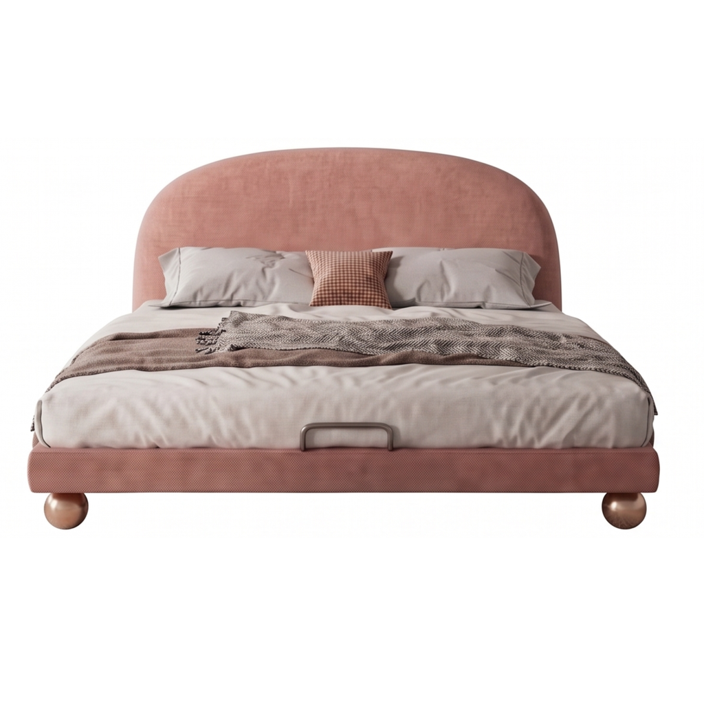 Front view of the Rosova upholstered bed with softly arched headboard