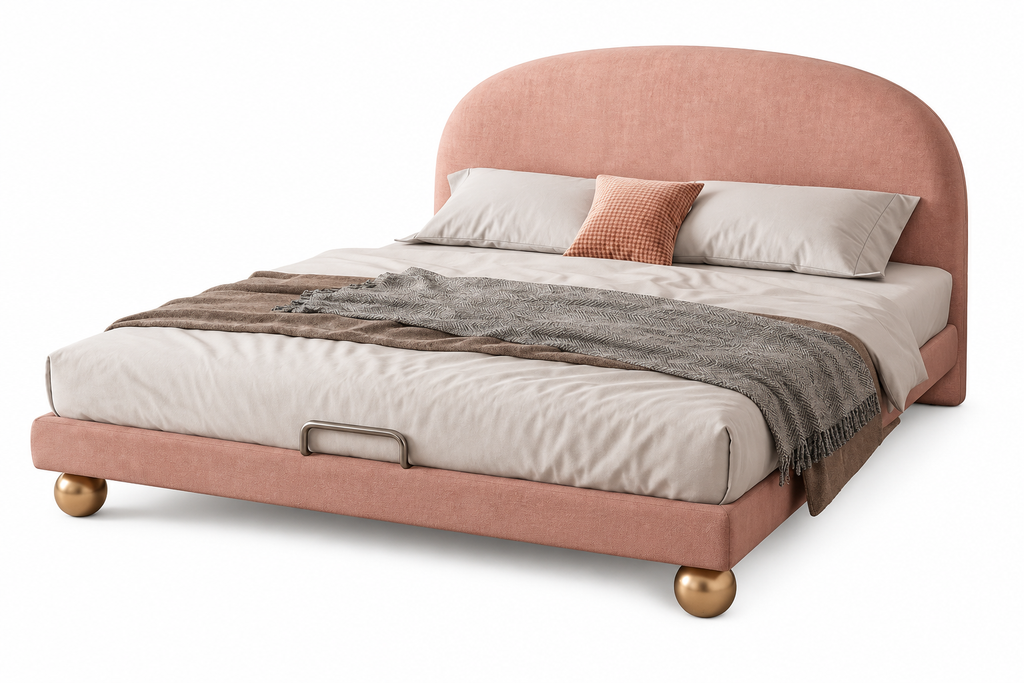 Angled view of the Rosova dusty rose bed with rounded headboard