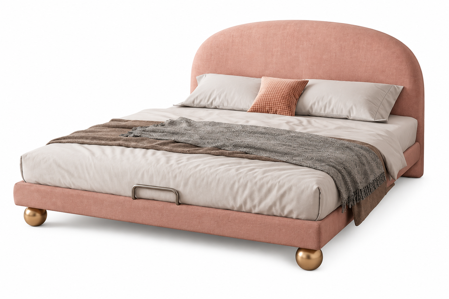 Angled view of the Rosova dusty rose bed with rounded headboard