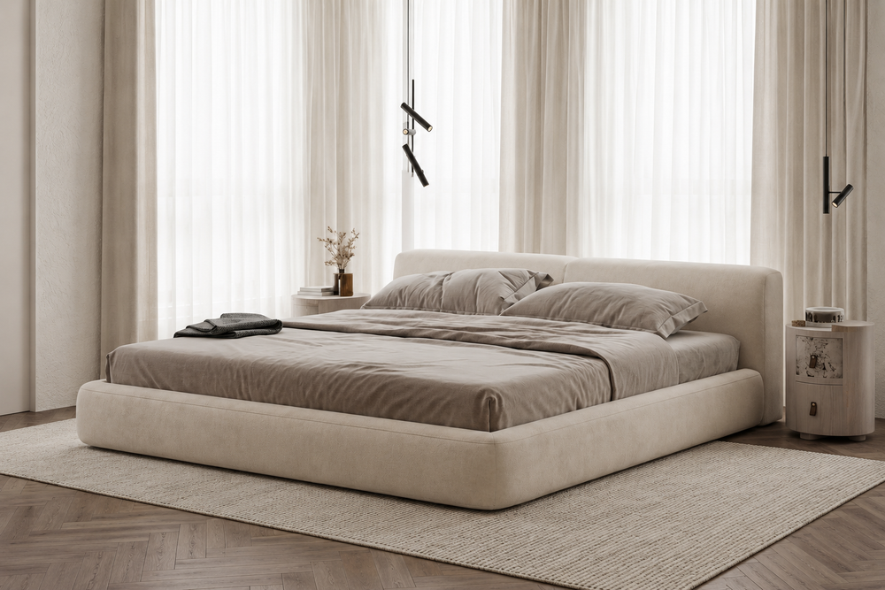 Roundel rounded upholstered platform bed styled in a calm modern bedroom