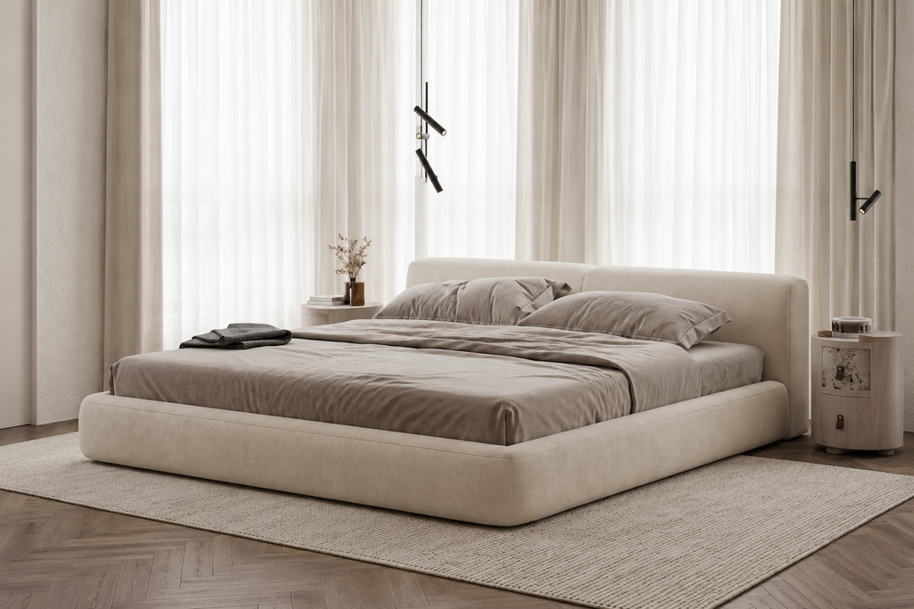 Roundel rounded upholstered platform bed styled in a calm modern bedroom