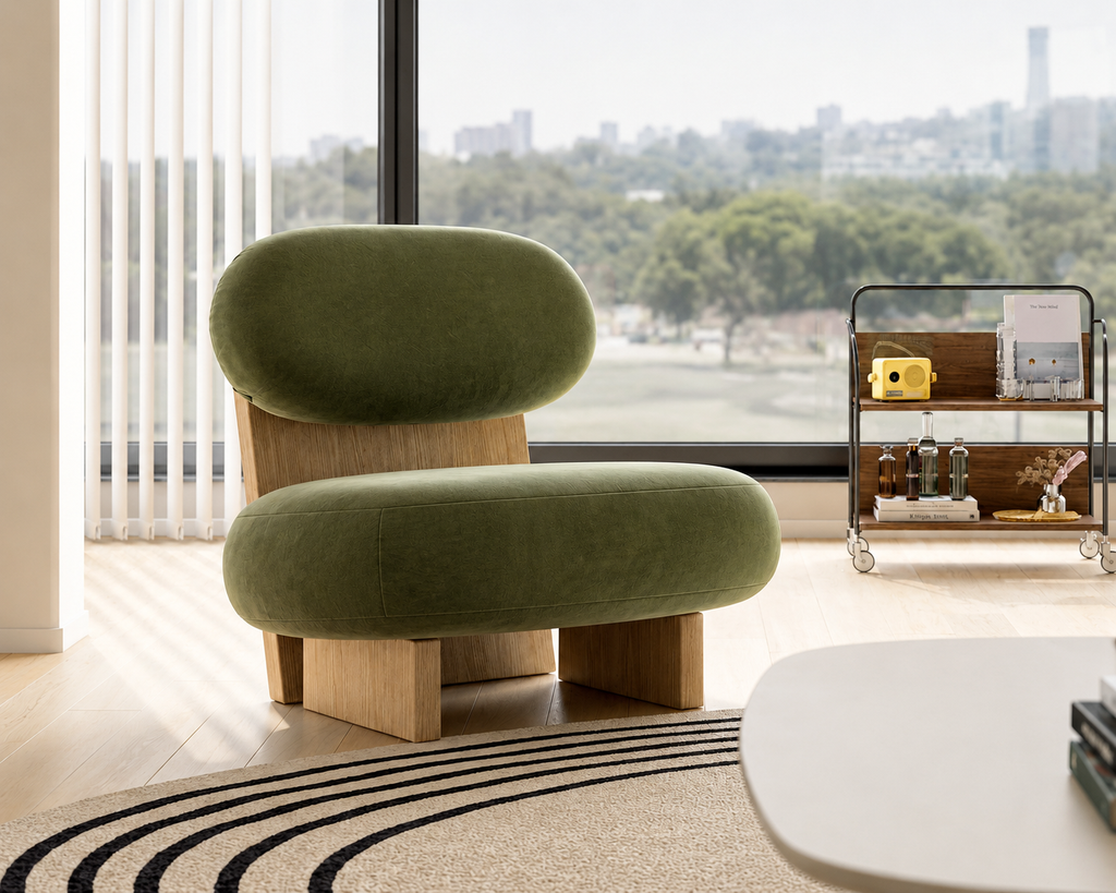 Sagecloud sage-green accent chair styled in a bright modern living room