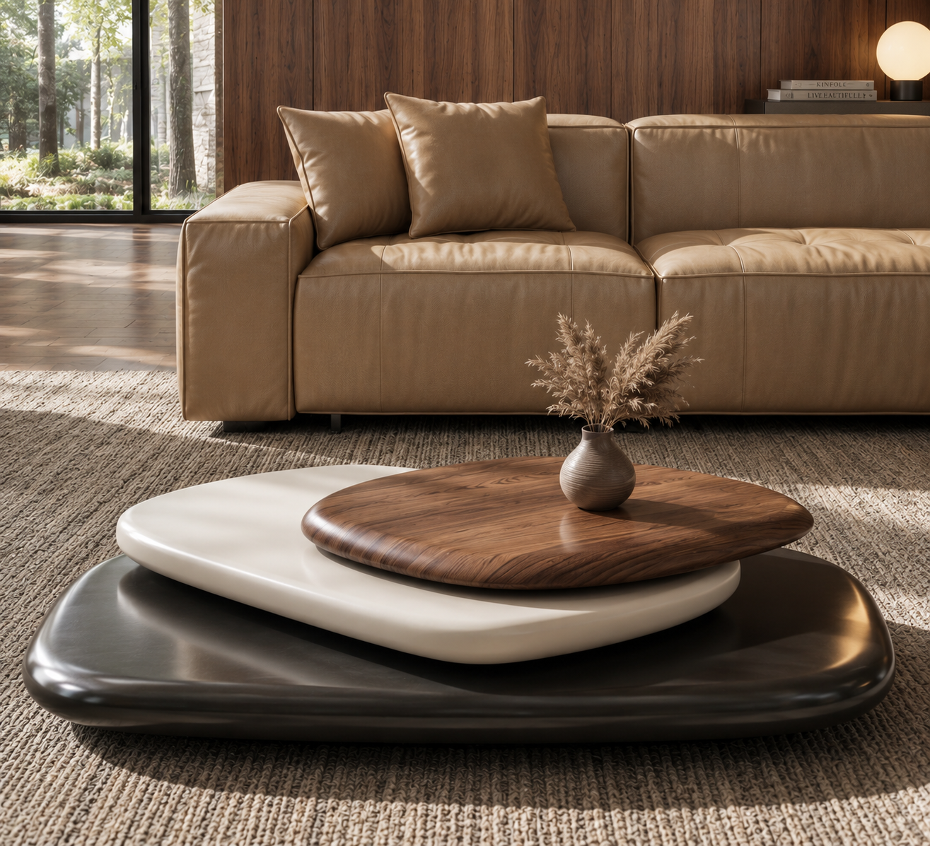 Sedimenta layered coffee table styled in a calm modern living room