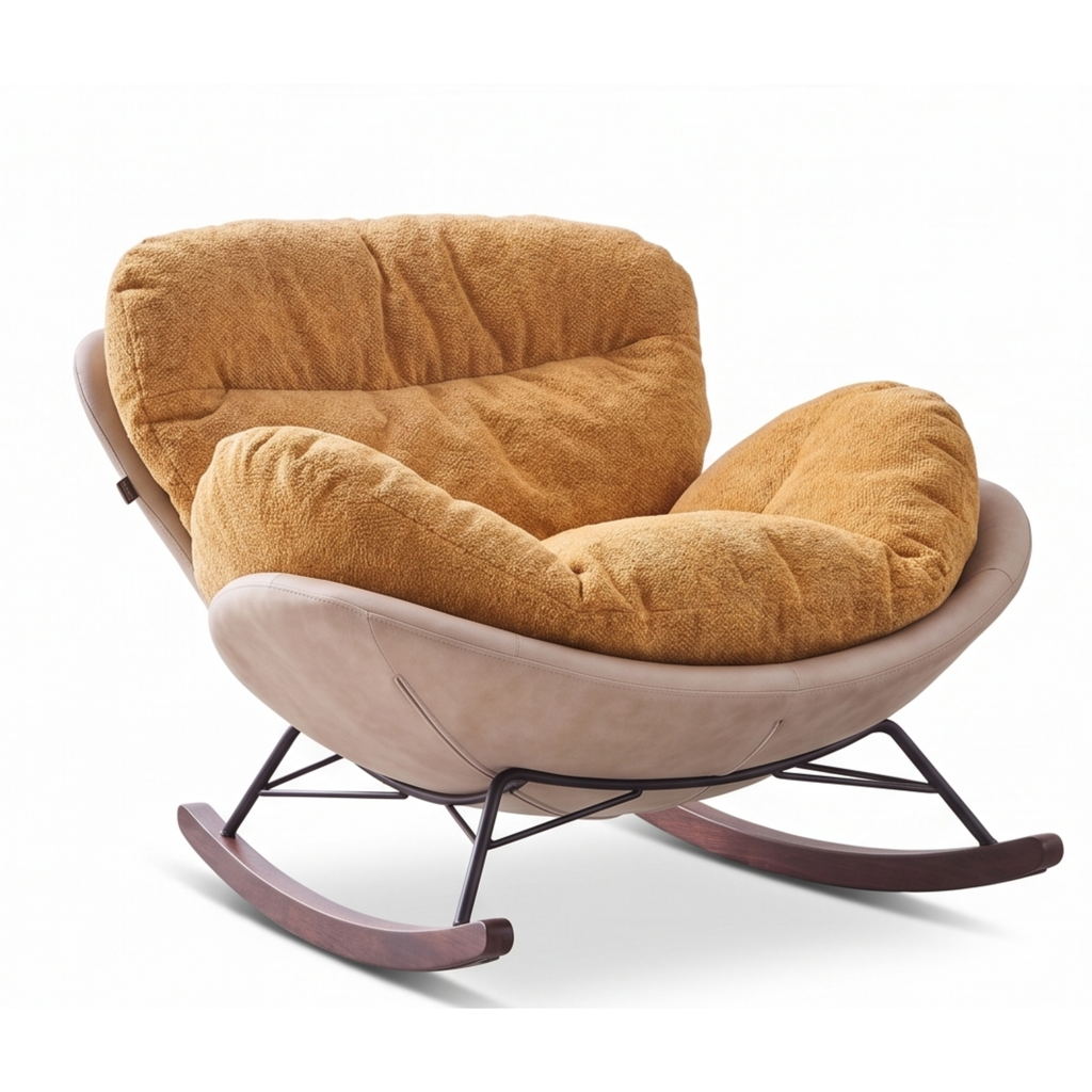Left view of the Senna lounge chair with curved rocking base