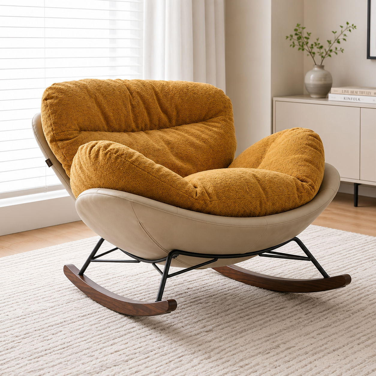 Senna mustard upholstered rocking chair styled in a refined modern interior