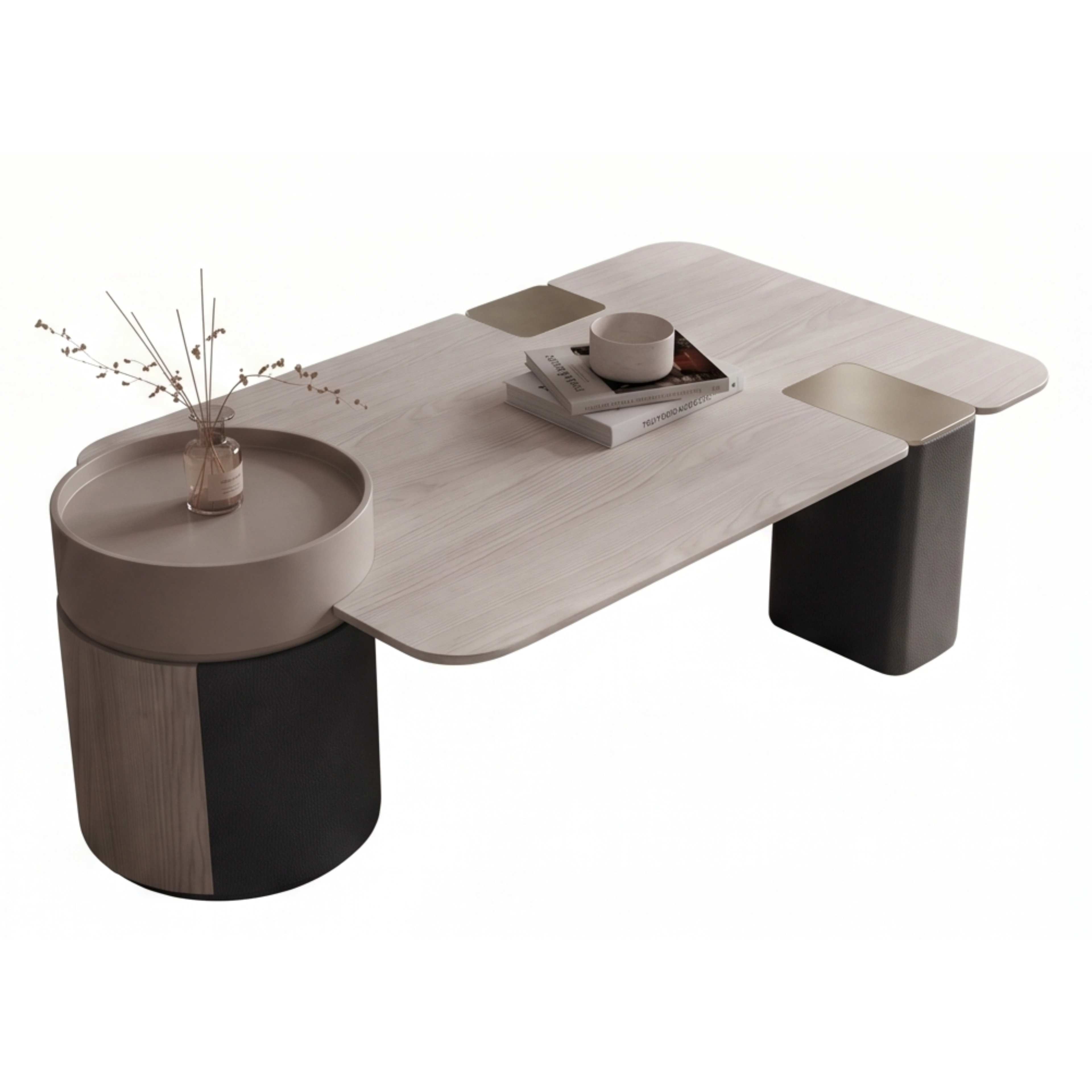 left view of the Slaterra asymmetrical coffee table and stone-look surface