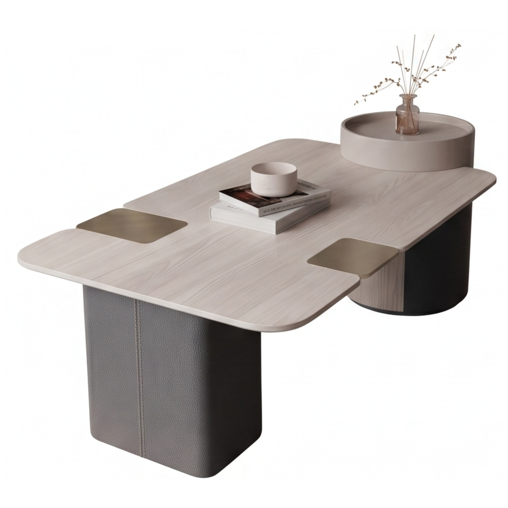 Right view of the Slaterra asymmetrical coffee table and stone-look surface