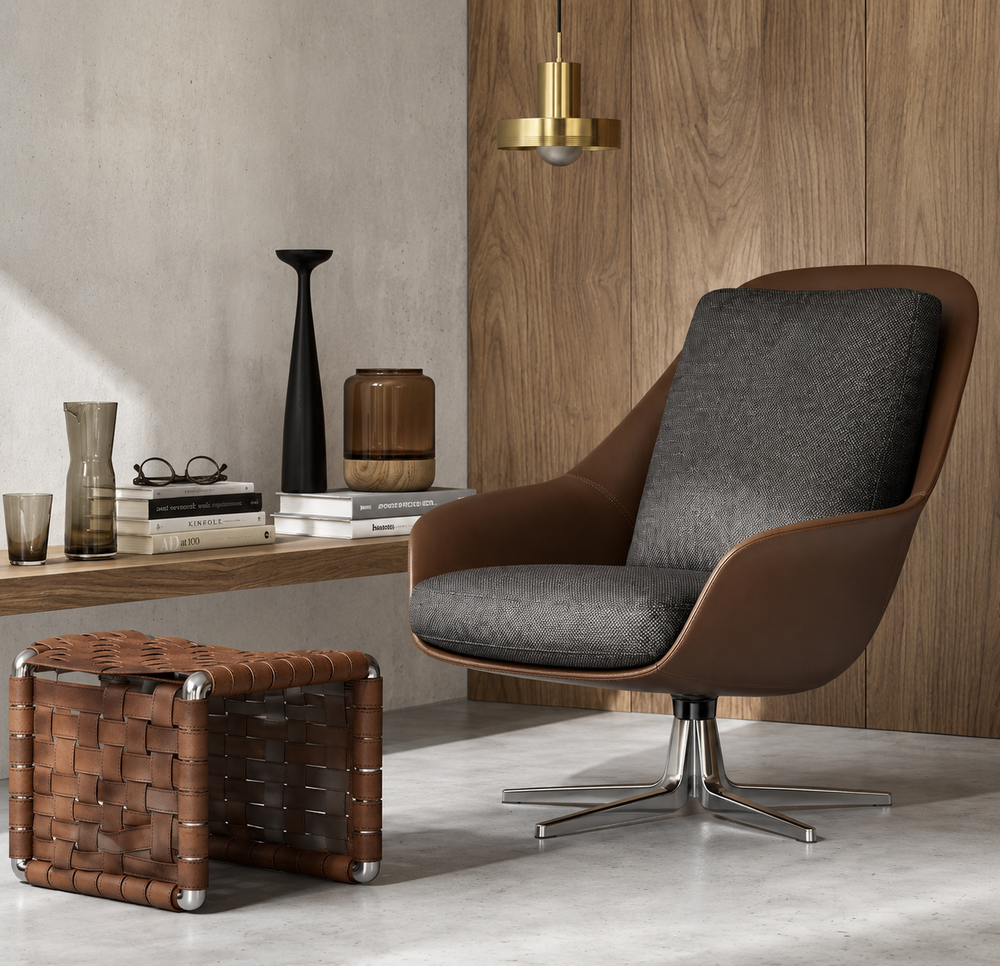 Slendra sculptural lounge chair styled in a refined modern interior