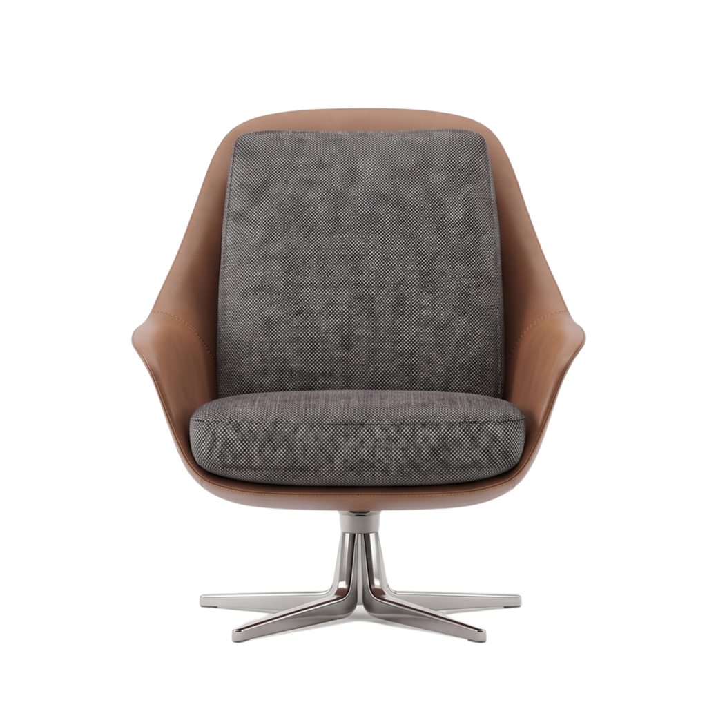 Front view of the Slendra upholstered lounge chair with stainless steel base