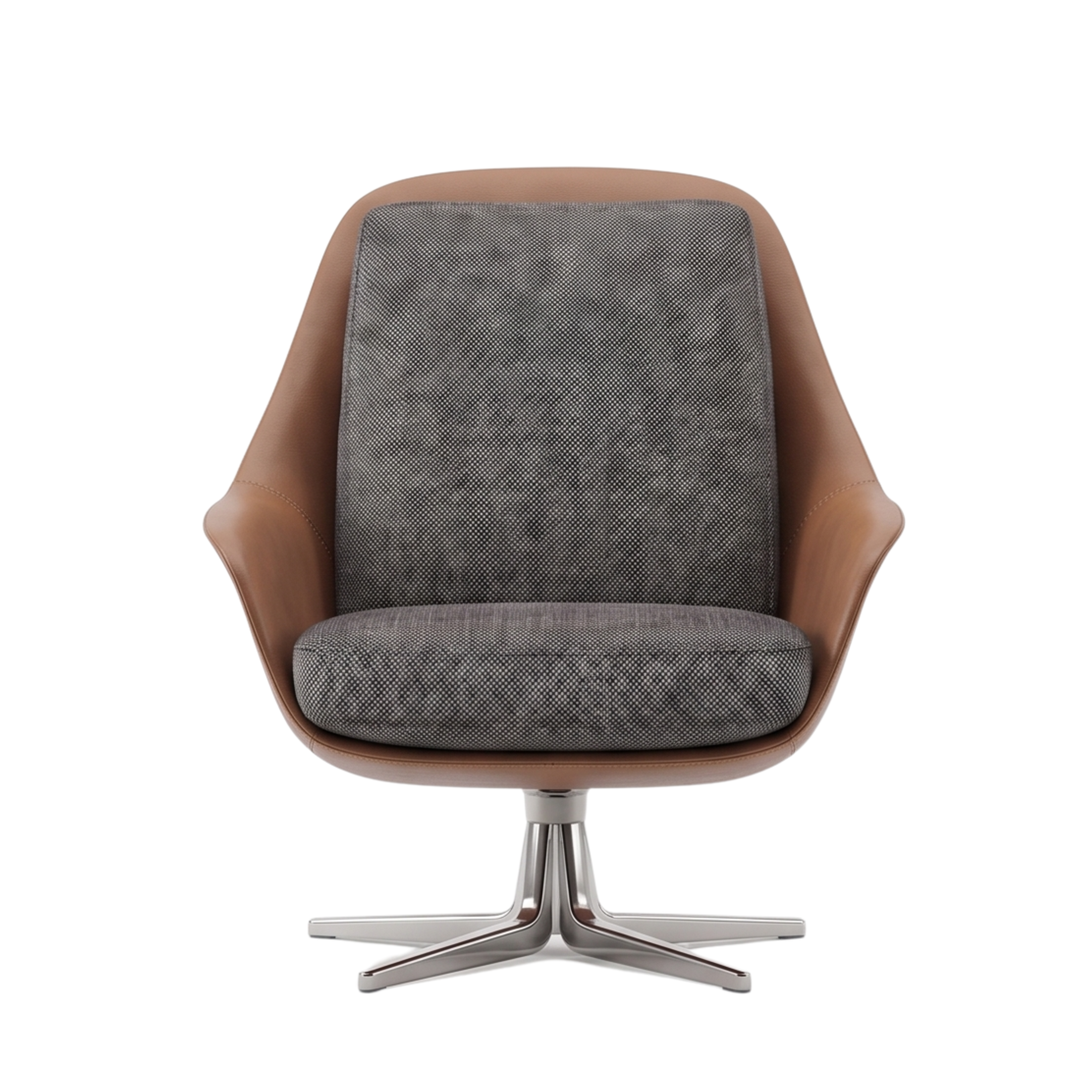 Front view of the Slendra upholstered lounge chair with stainless steel base