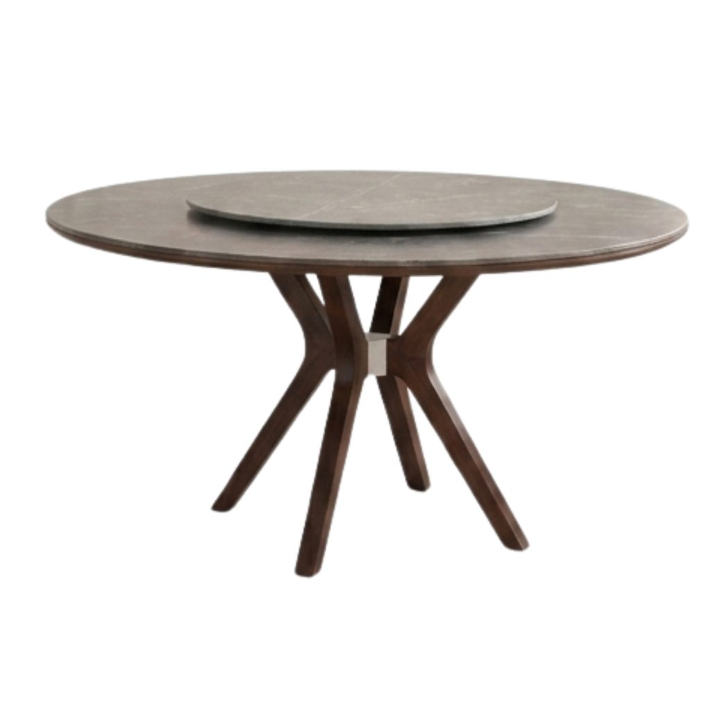 Angled view of the Spinorra rotating sintered stone dining table