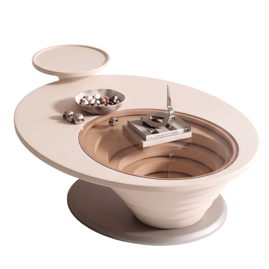 Tempered glass inset and painted surface detail of the Stratova coffee table