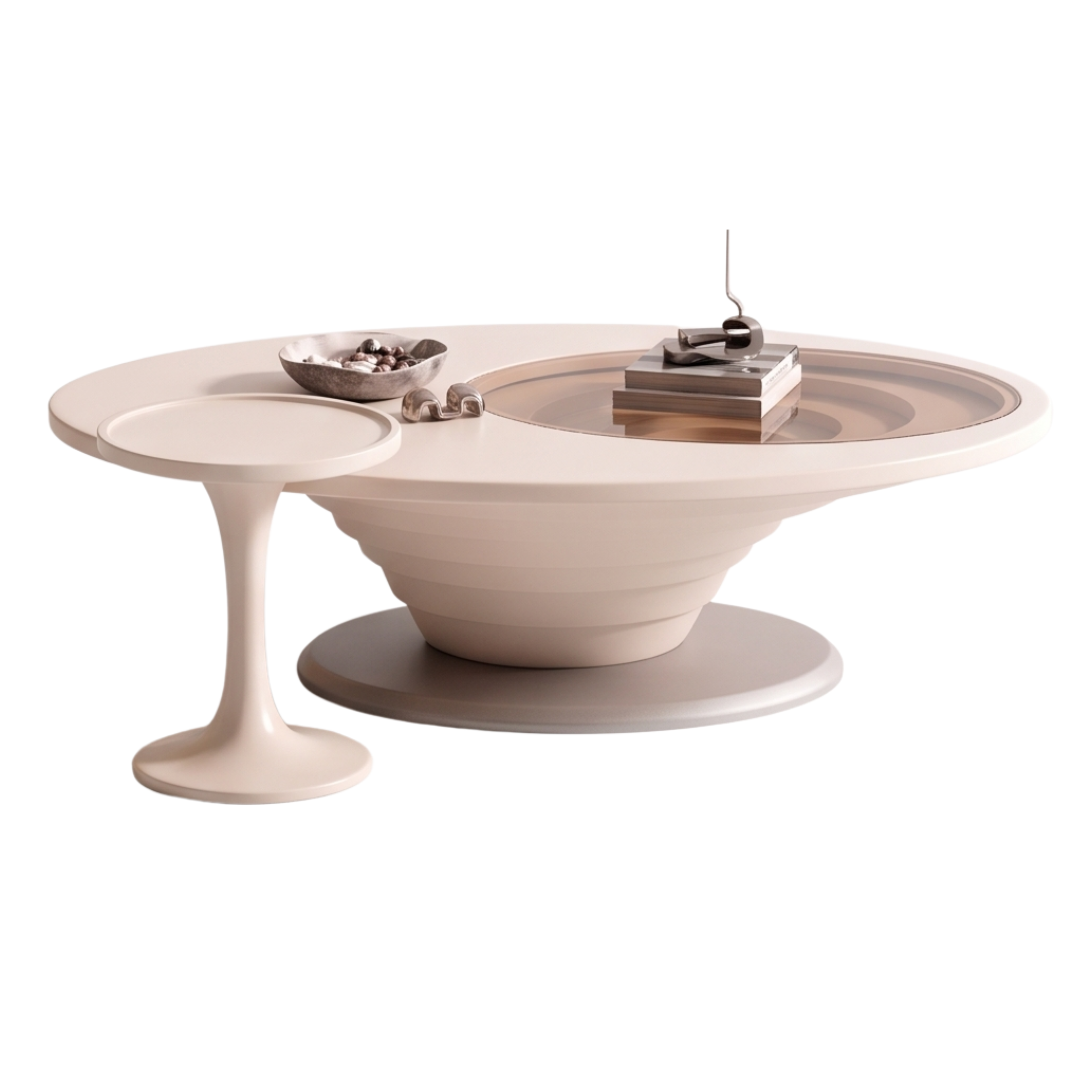 Front view of the Stratova sculptural coffee table and recessed glass detail