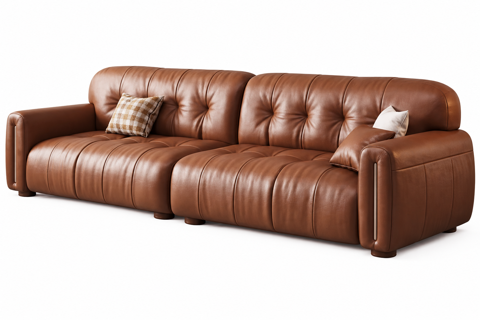 Left view of the Tawna cognac upholstered sofa with rounded arms