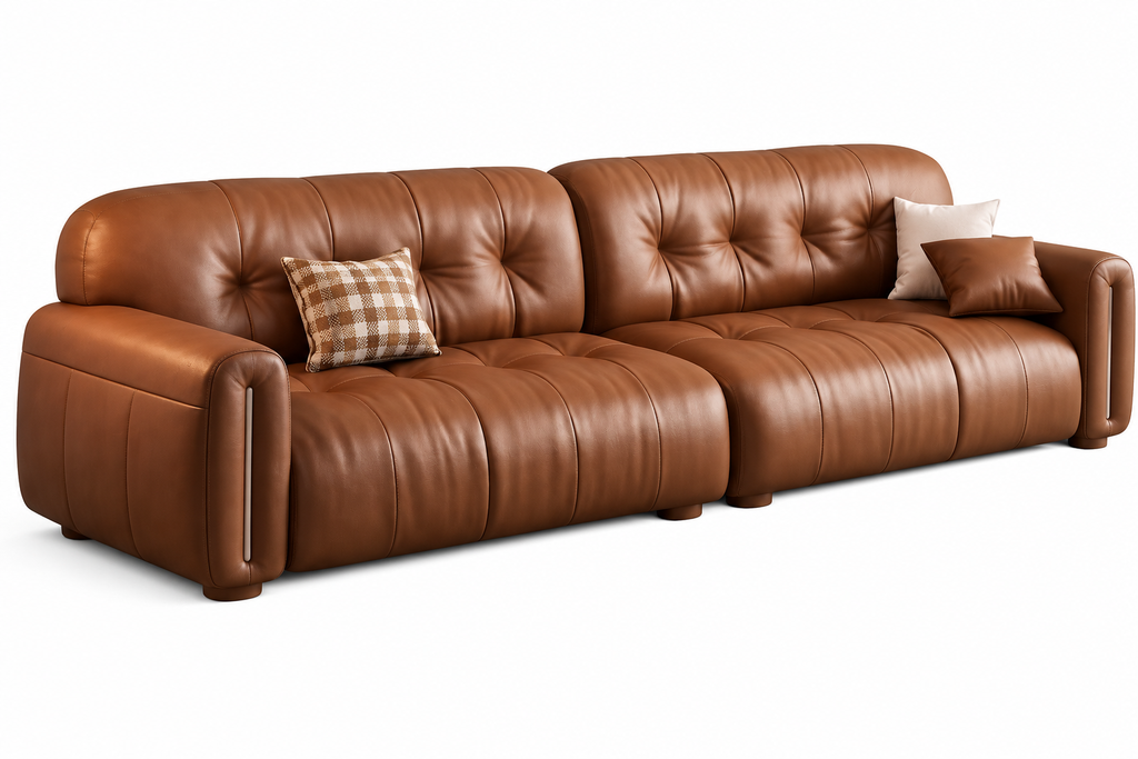 Right view of the Tawna cognac upholstered sofa with rounded arms