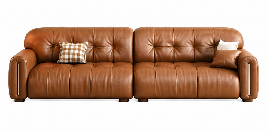 Front view of the Tawna tufted sofa with generous cushioning