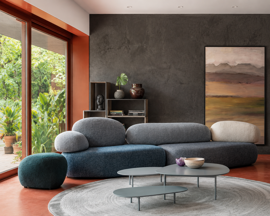 Terrazzo organic pebble modular sofa styled in a contemporary living room