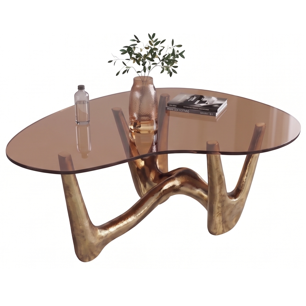 Sculptural gold-toned stainless steel base detail of the Topazo coffee table