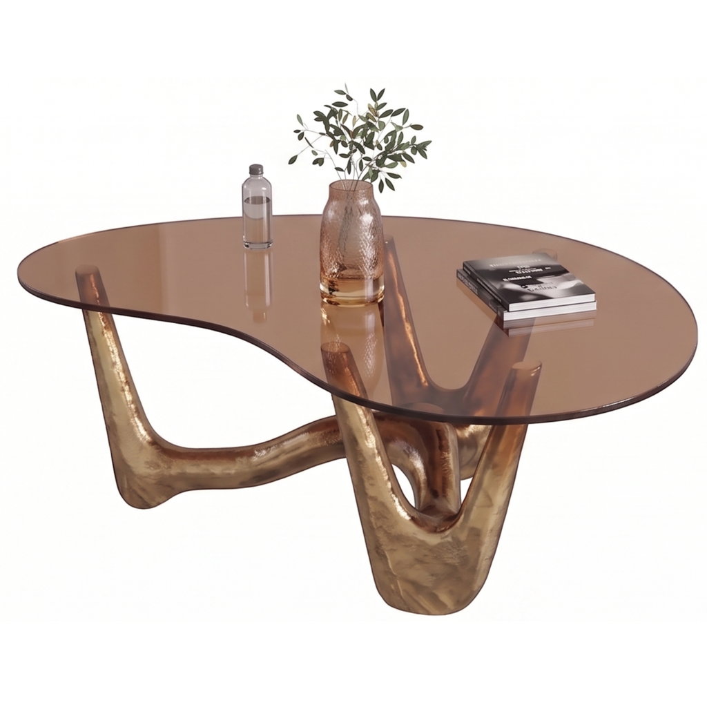 Elevated view of the Topazo organic-shaped tempered glass coffee table