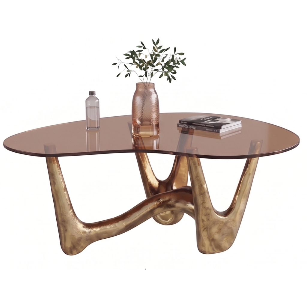 Front view of the Topazo sculptural glass coffee table with gold-toned base