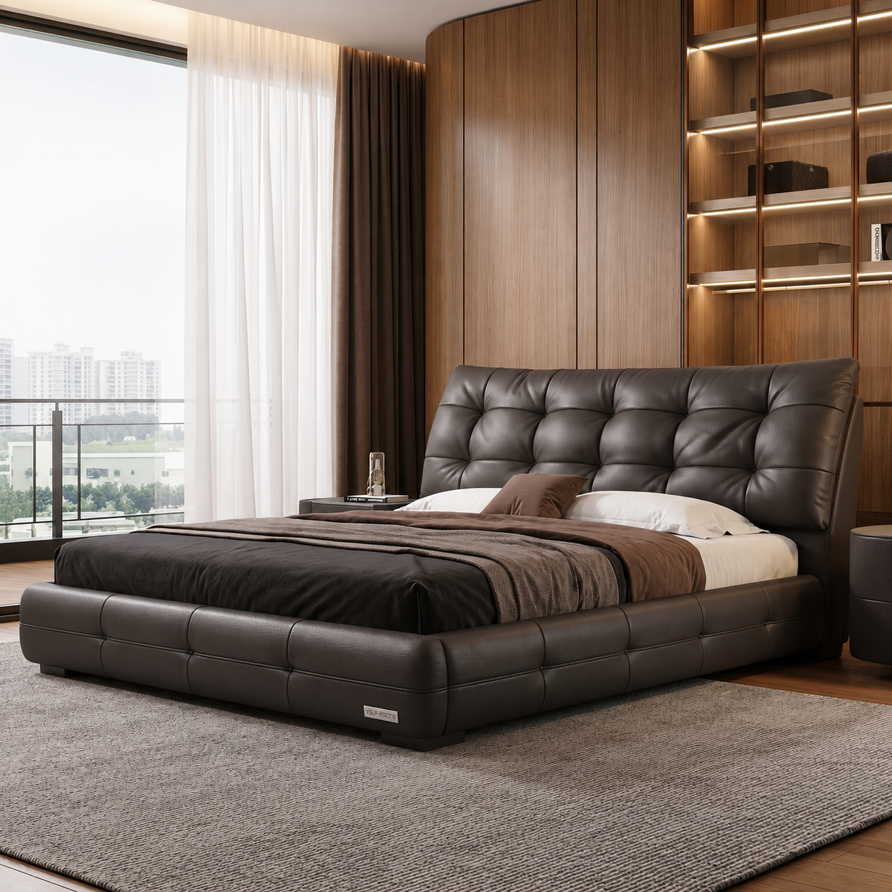 Tuffen deep-tufted platform bed styled in a refined modern bedroom