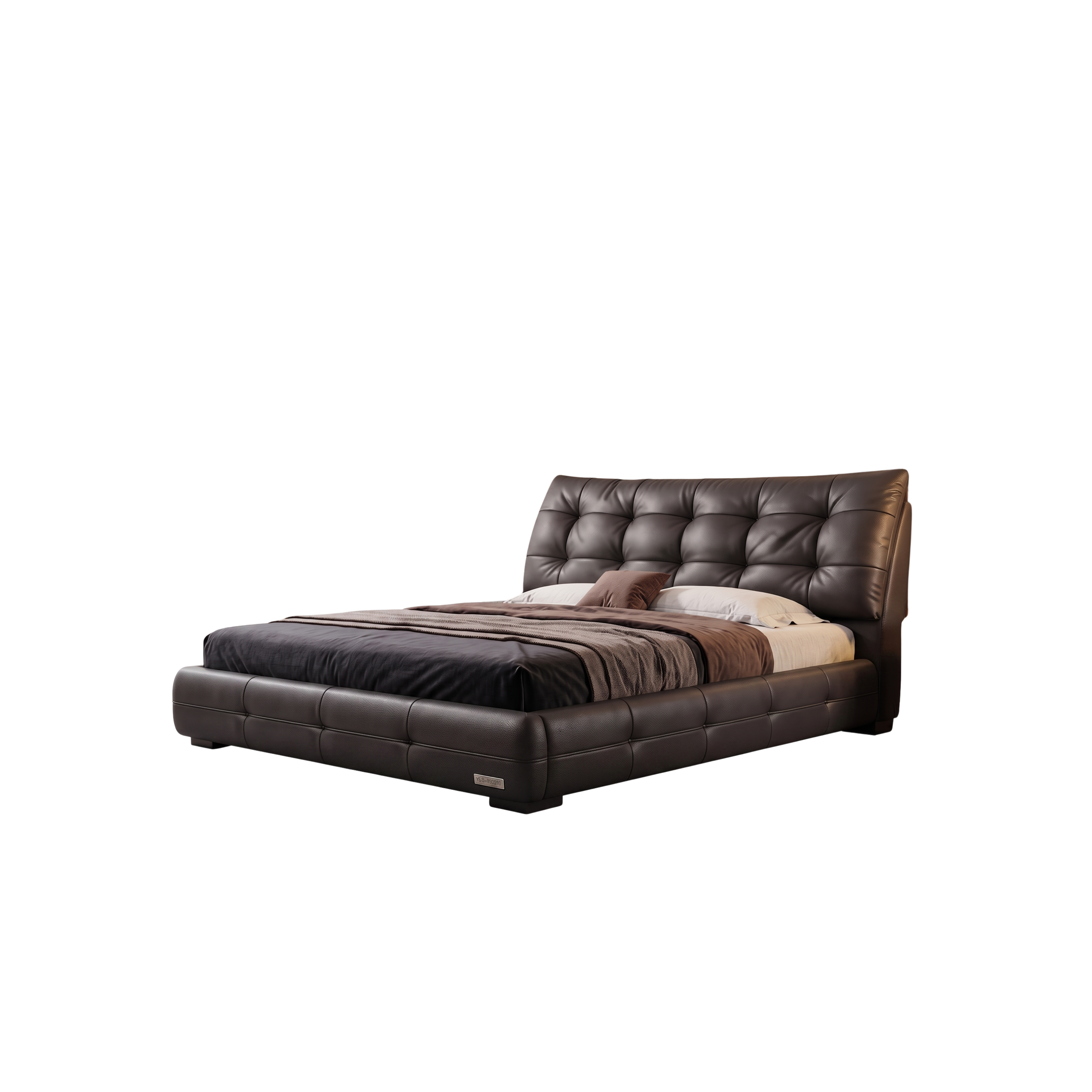 Angled view of the Tuffen grid-tufted bed and padded frame
