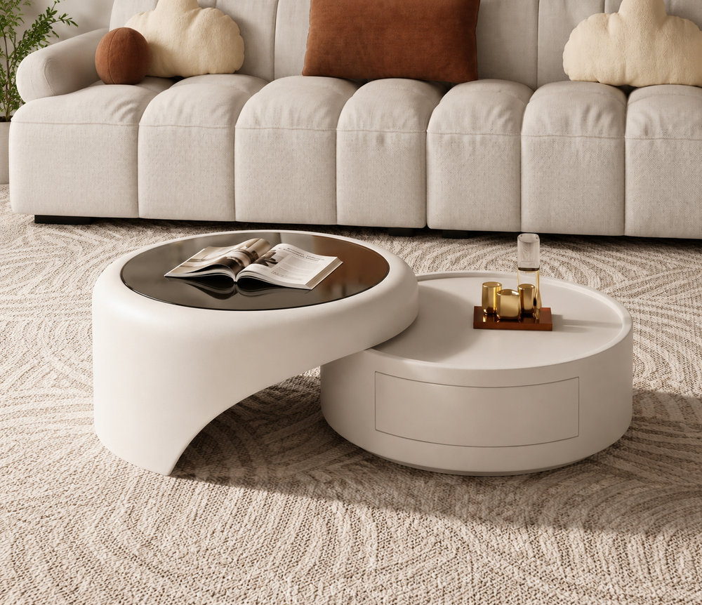 Vennra interlocking coffee table set styled in a warm modern living room