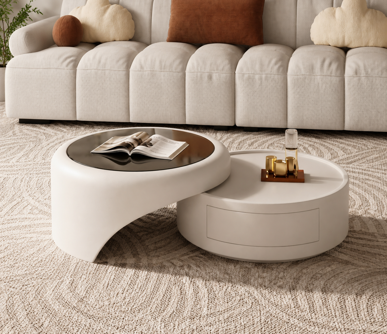 Vennra interlocking coffee table set styled in a warm modern living room