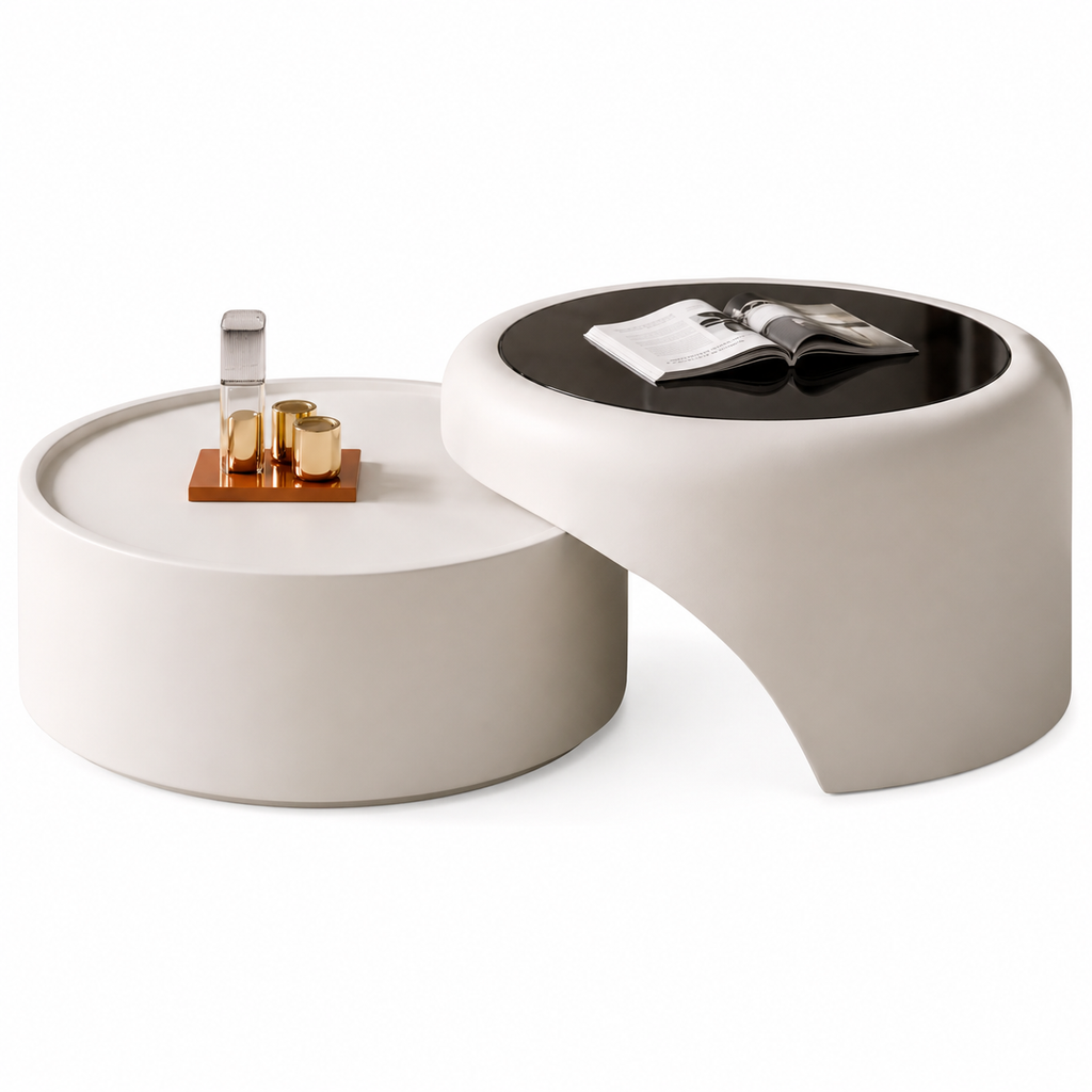 Reverse view of the Vennra overlapping coffee tables with tempered glass surfaces